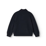 Langærmet polotrøje i mørk indigo set bagfra med krave