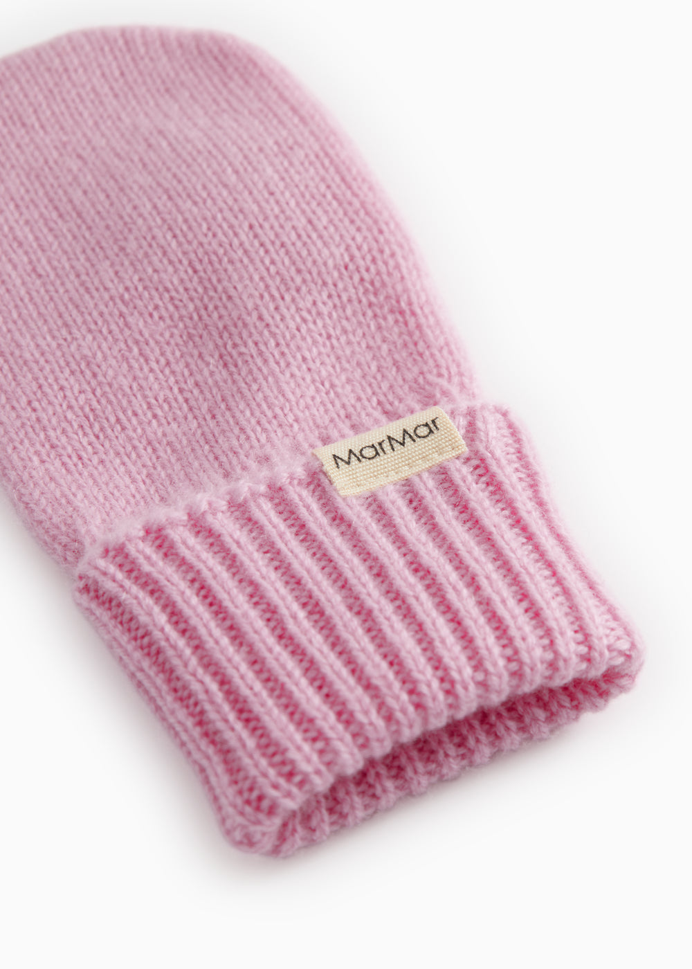 Babyluffer: rosa strikmanchet med MarMar-logo og ribkant