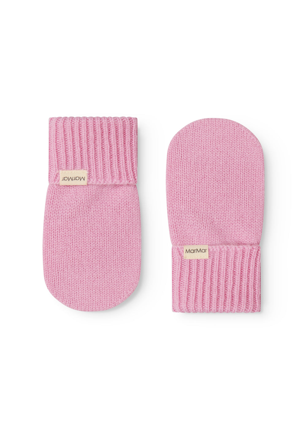 Babyluffer i rosa strik med ribkant og lille logoetiket