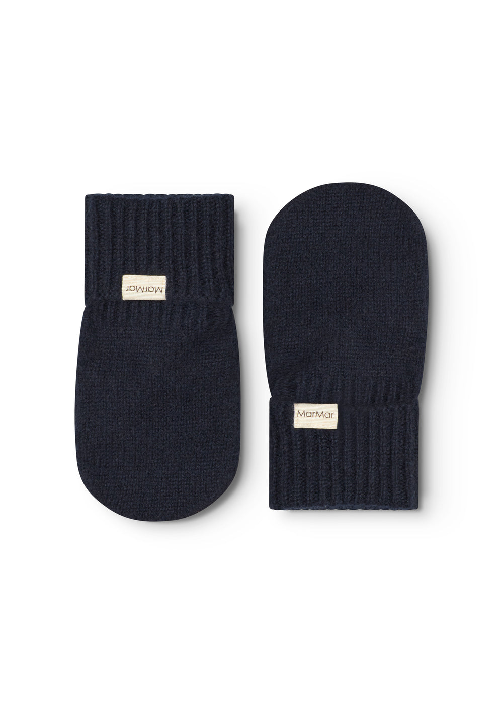 Strikkede baby-luffer i mørk indigo med ribstrikket manchet
