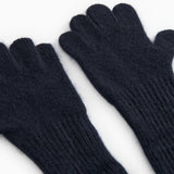 Lange kashmirhandsker i mørk indigo, tæt visning af håndflader og ribbet manchet.