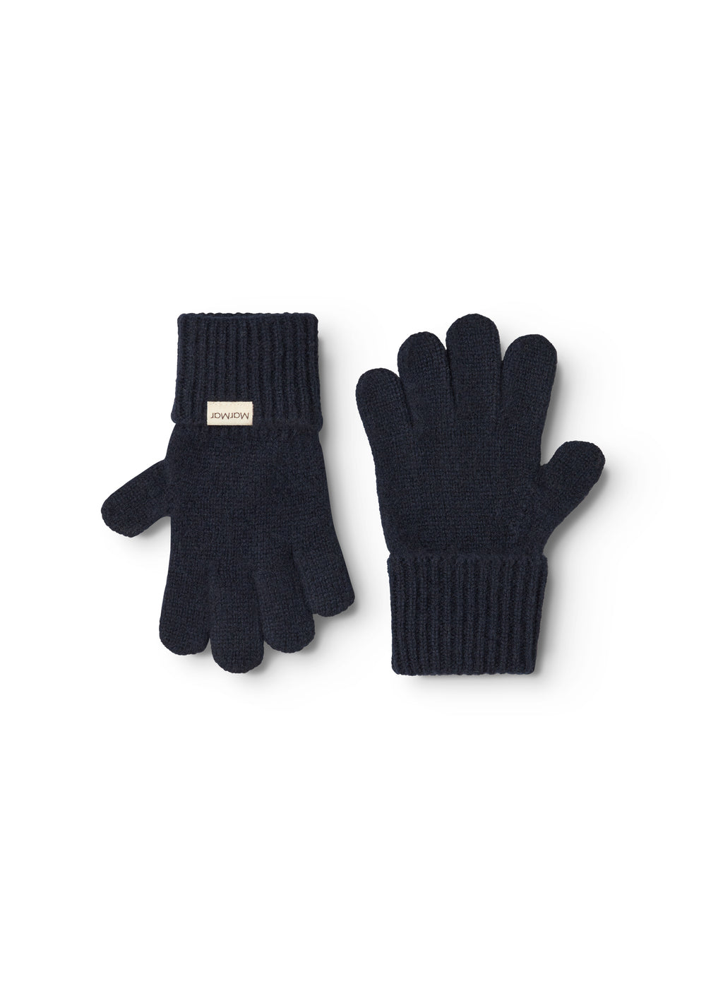Lange kashmirhandsker i mørk indigo, ribbet manchet og fem-finger form.