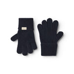 Lange kashmirhandsker i mørk indigo, ribbet manchet og fem-finger form.