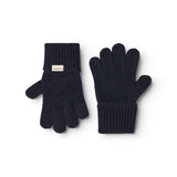 Lange kashmirhandsker i mørk indigo, ribbet manchet og fem-finger form.