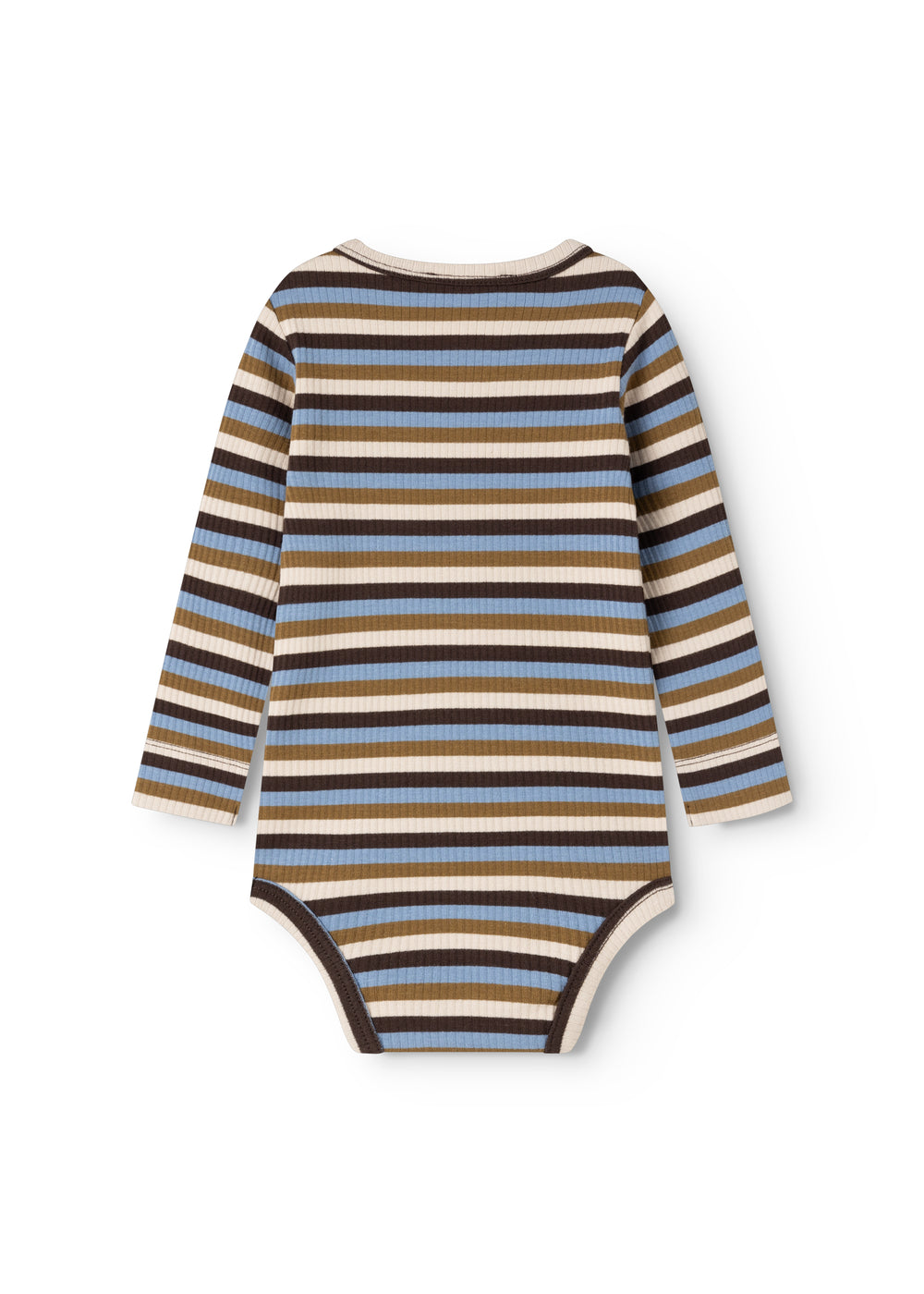 Langærmet bodystocking med vandrette striber i mørkebrun, sand og blå; hel buksestykke.