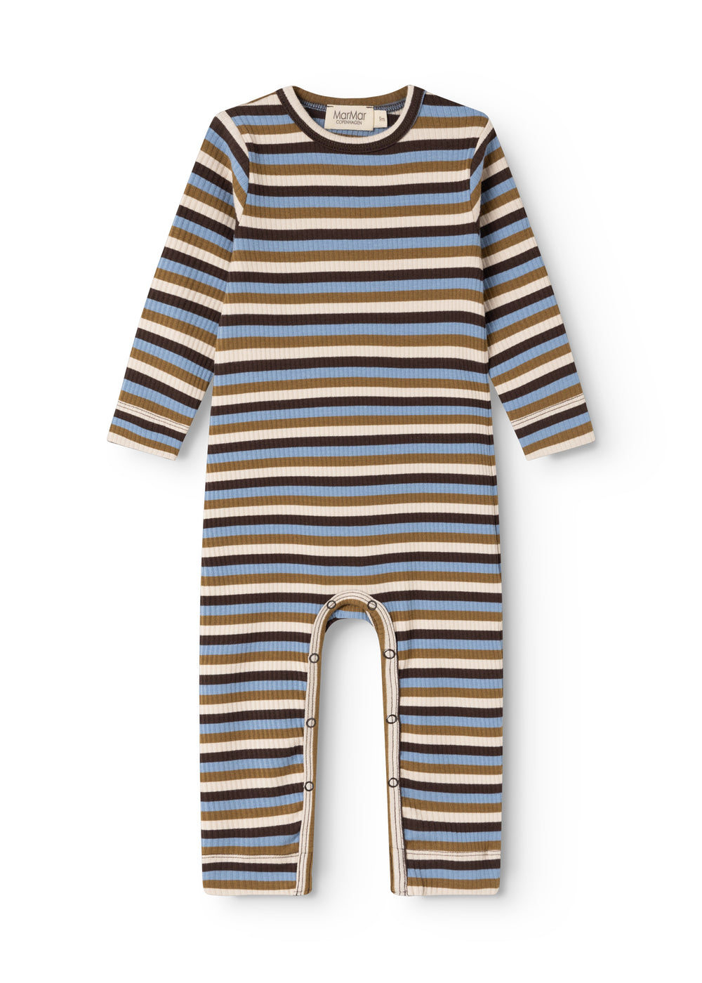 Stribet babyheldragt med lange ærmer og ben, rund hals og trykknapper ved skridtet