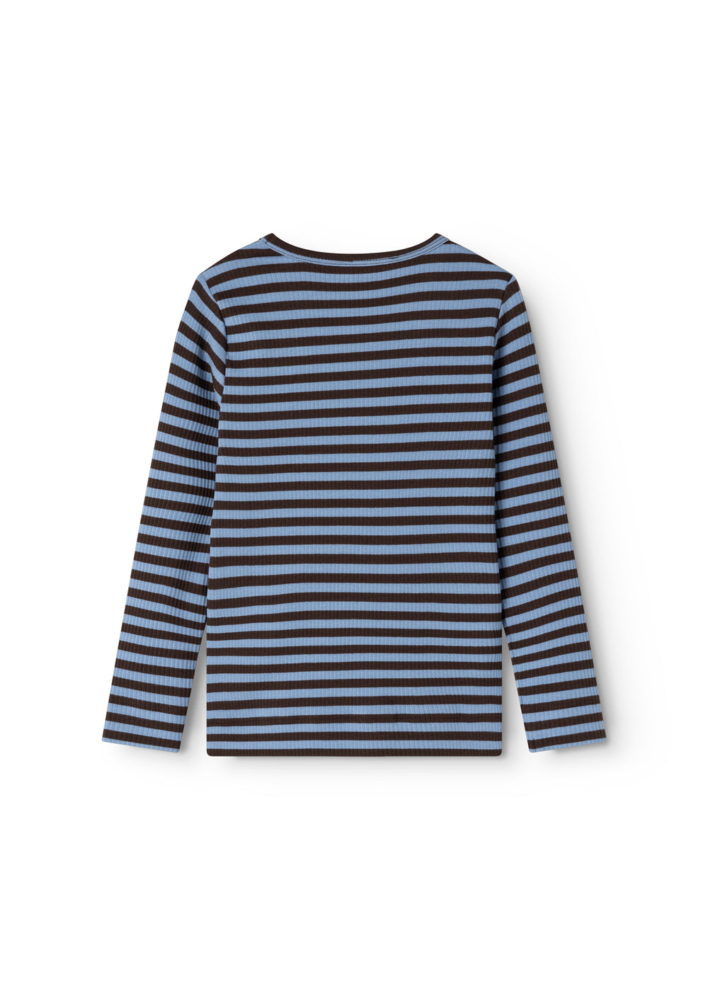 Langærmet t-shirt med vandrette striber i blå og mørk, rund hals og ribkant