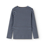 Langærmet t-shirt med vandrette striber i blå og mørk, rund hals og ribkant