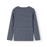 Langærmet t-shirt med vandrette striber i blå og mørk, rund hals og ribkant