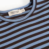 Langærmet t-shirt med rund halsudskæring og blå/mørke striber, mærkelabel