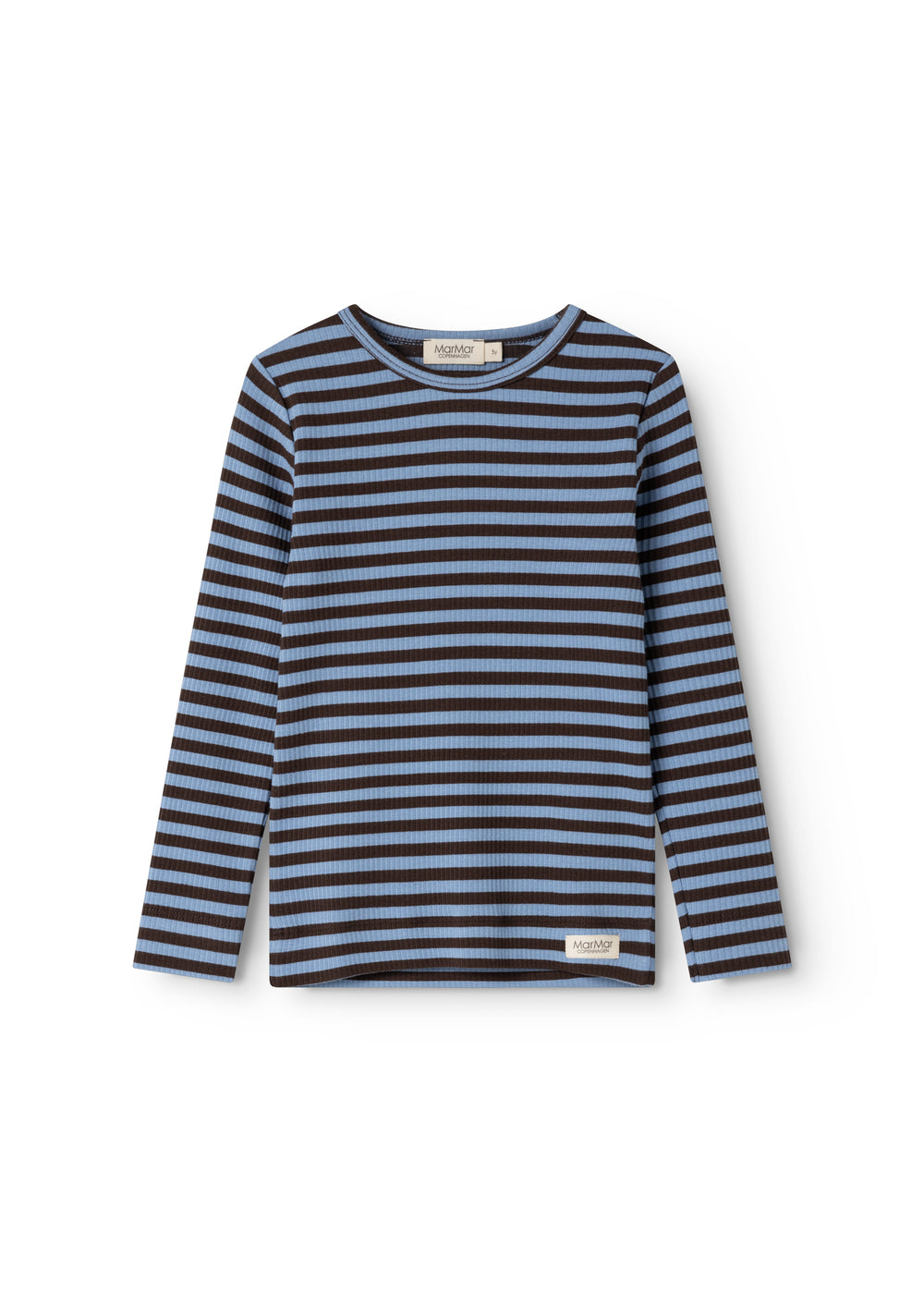 Langærmet t-shirt med blå og mørke striber, rund hals og lille logo i bunden