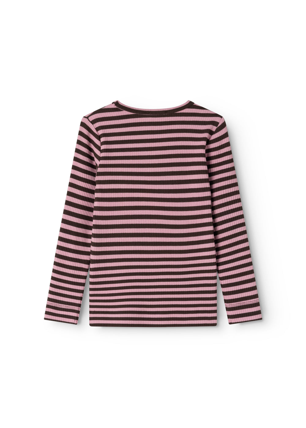 Langærmet t-shirt med vandrette striber i lyserød og mørk, rund hals og lange ærmer