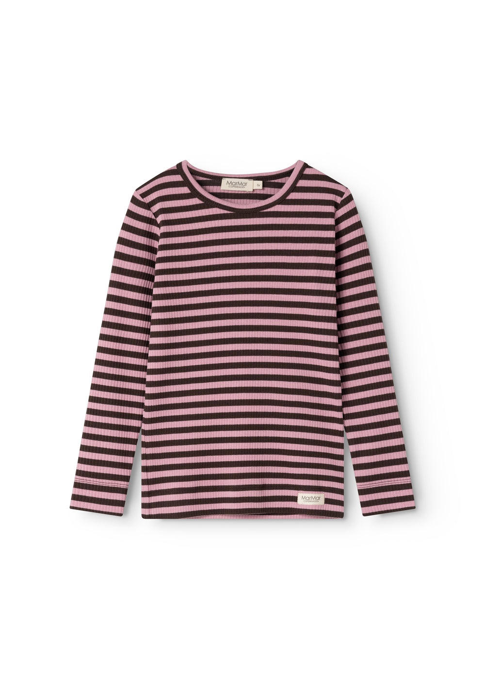 Langærmet t-shirt med vandrette striber i lyserød og mørk, rund hals og lange ærmer