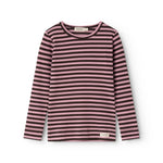 Langærmet t-shirt med vandrette striber i lyserød og mørk, rund hals og lange ærmer
