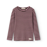 Langærmet t-shirt med vandrette striber i lyserød og mørk, rund hals og lange ærmer