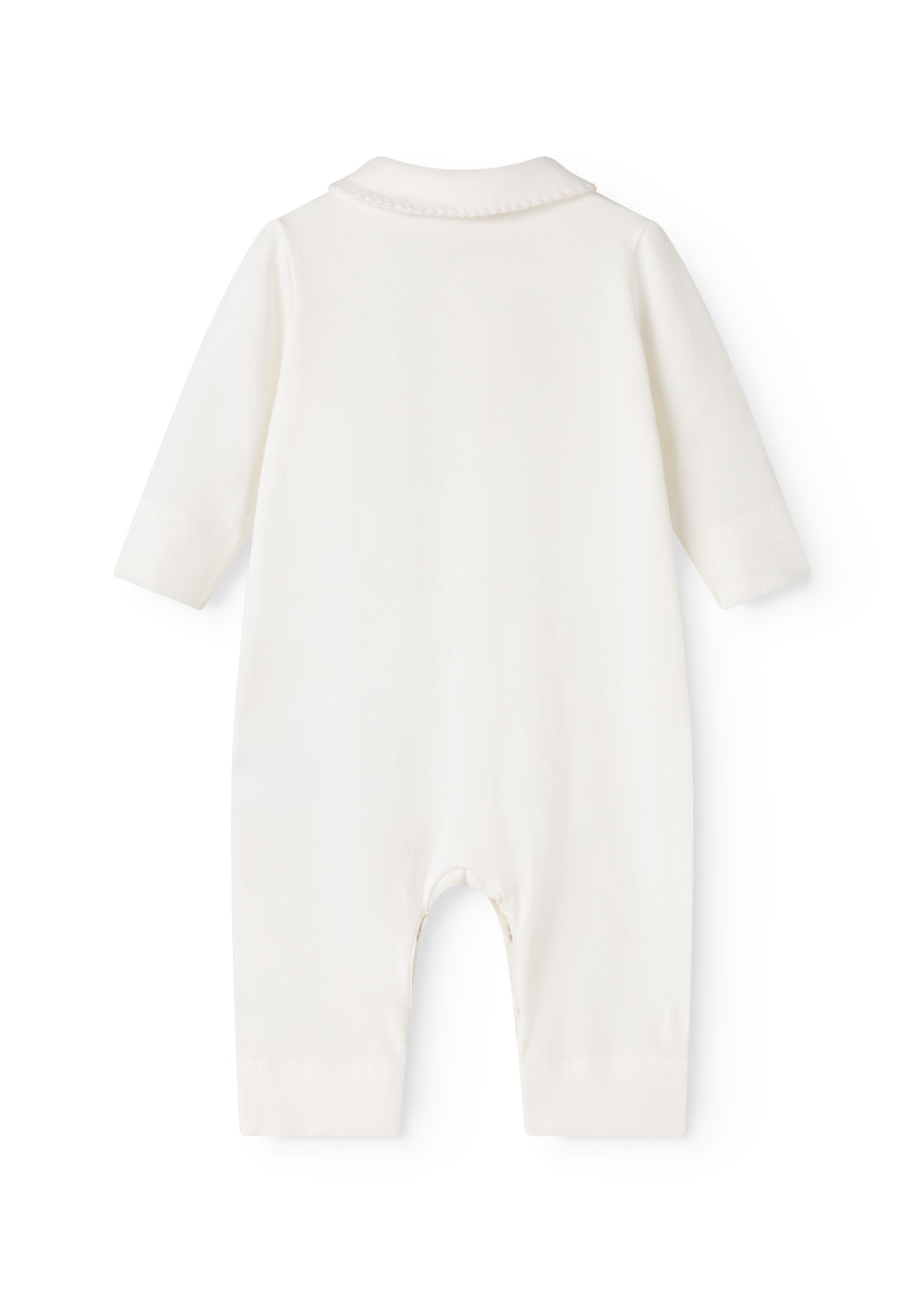 Off-white babyheldragt med rund hals og lange ærmer, åbning ved skridt