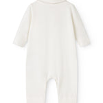 Off-white babyheldragt med rund hals og lange ærmer, åbning ved skridt