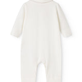 Off-white babyheldragt med rund hals og lange ærmer, åbning ved skridt