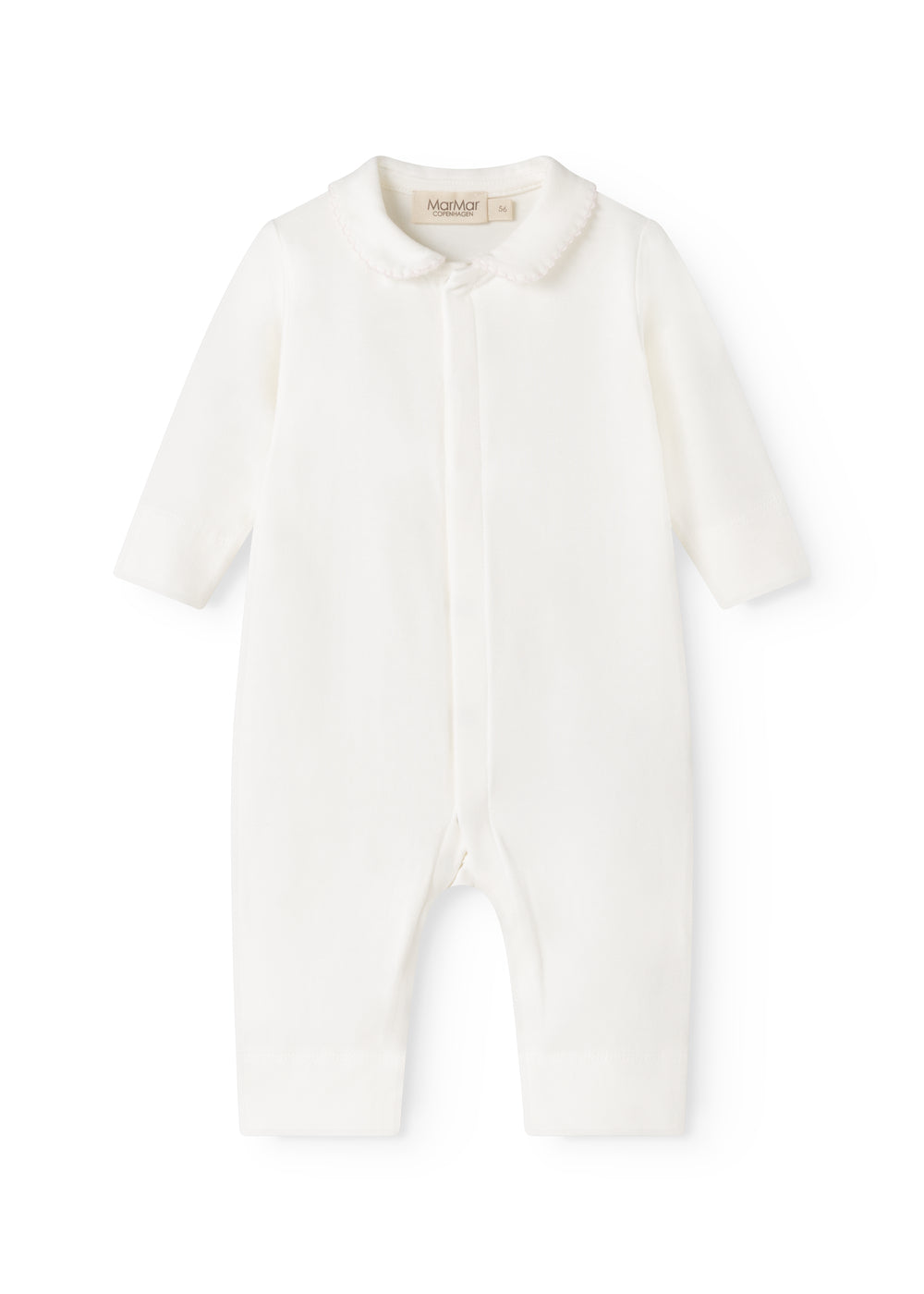Off-white babyheldragt med krave og knaplukning foran, lange ærmer