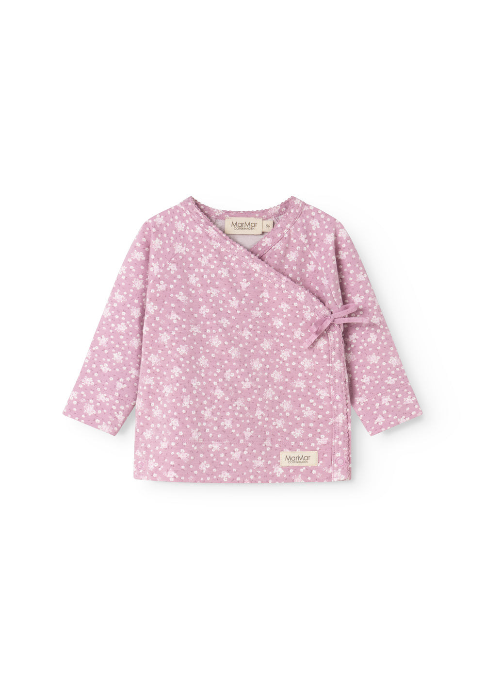 Lyserød bluse med lange ærmer, blomsterprint og slå-om lukning med bindebånd