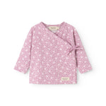 Lyserød bluse med lange ærmer, blomsterprint og slå-om lukning med bindebånd