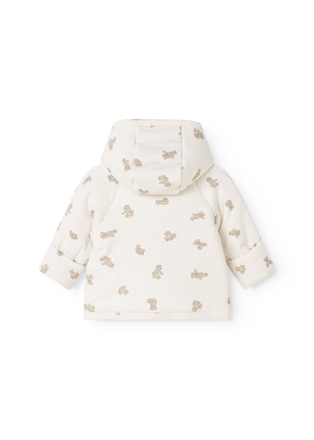 Julejakke med hætte i creme med teddybjørneprint hele vejen bagpå.