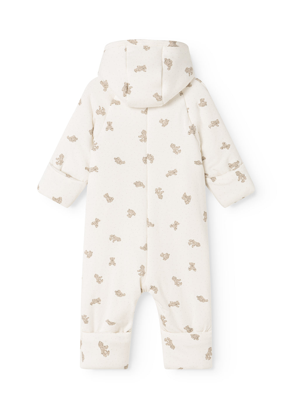 Hvid heldragt med beige teddybjørne-mønster, hætte og ben med hel længde