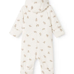 Hvid heldragt med beige teddybjørne-mønster, hætte og ben med hel længde