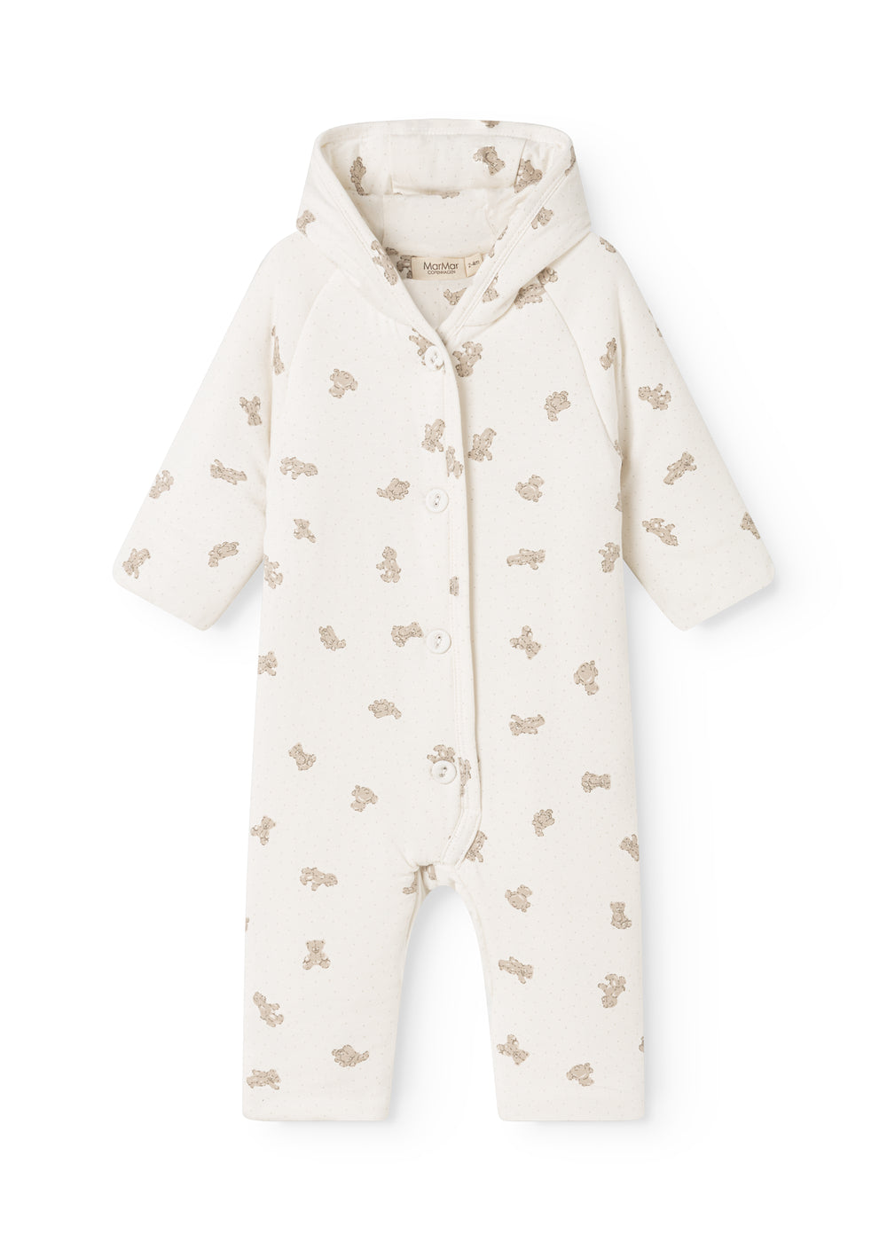 Hvid heldragt med lange ærmer, beige teddybjørneprint og hætte