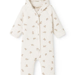 Hvid heldragt med lange ærmer, beige teddybjørneprint og hætte