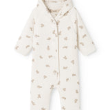 Hvid heldragt med lange ærmer, beige teddybjørneprint og hætte