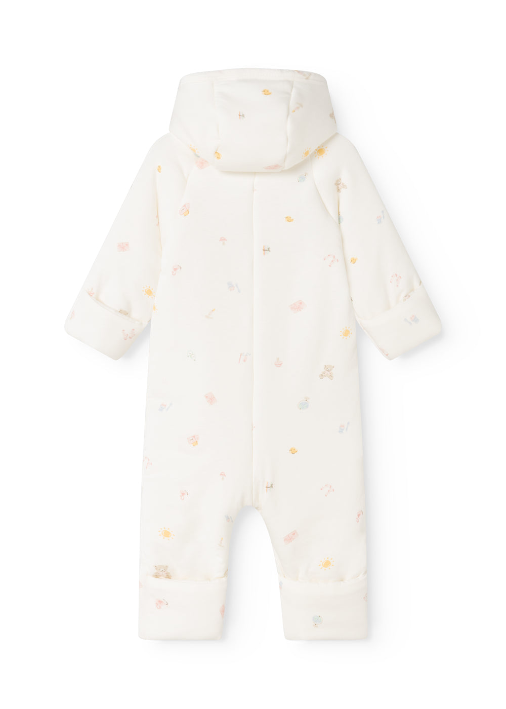 Hvid babyheldragt med hætte og lynlås, hel benlængde, små farvede dyreprints