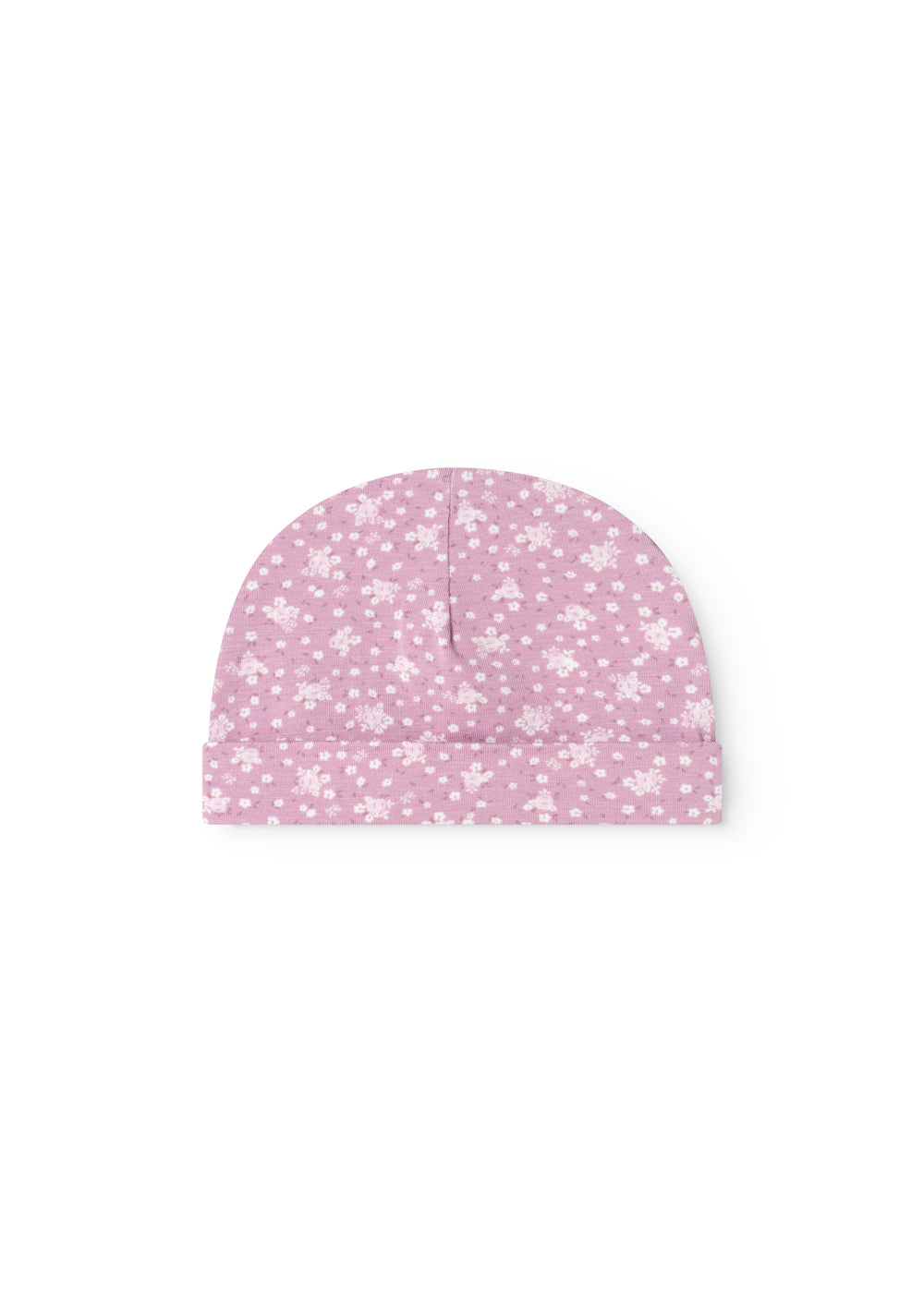 Lyserød babysommercaps/hue med små hvide blomsterprint og lodret syning i front