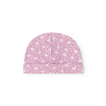 Lyserød babysommercaps/hue med små hvide blomsterprint og lodret syning i front