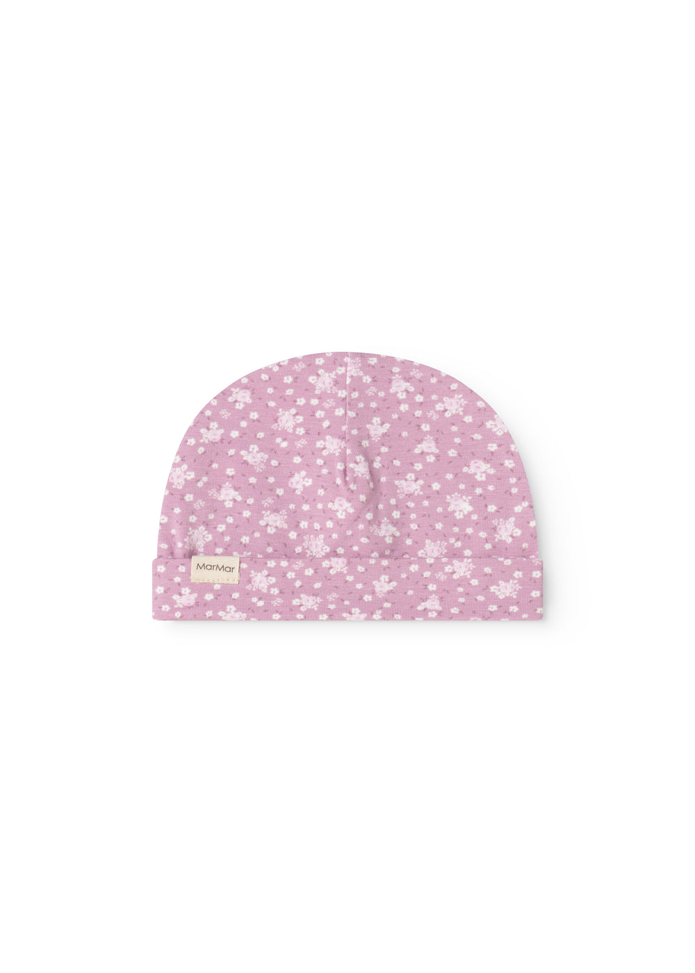Lyserød babysommercaps/hue med små hvide blomsterprint, halvcirkel og knapventil
