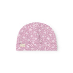 Lyserød babysommercaps/hue med små hvide blomsterprint, halvcirkel og knapventil