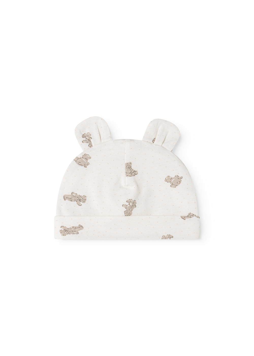 Hvid babyhue med teddybjørneprint og øreklapper