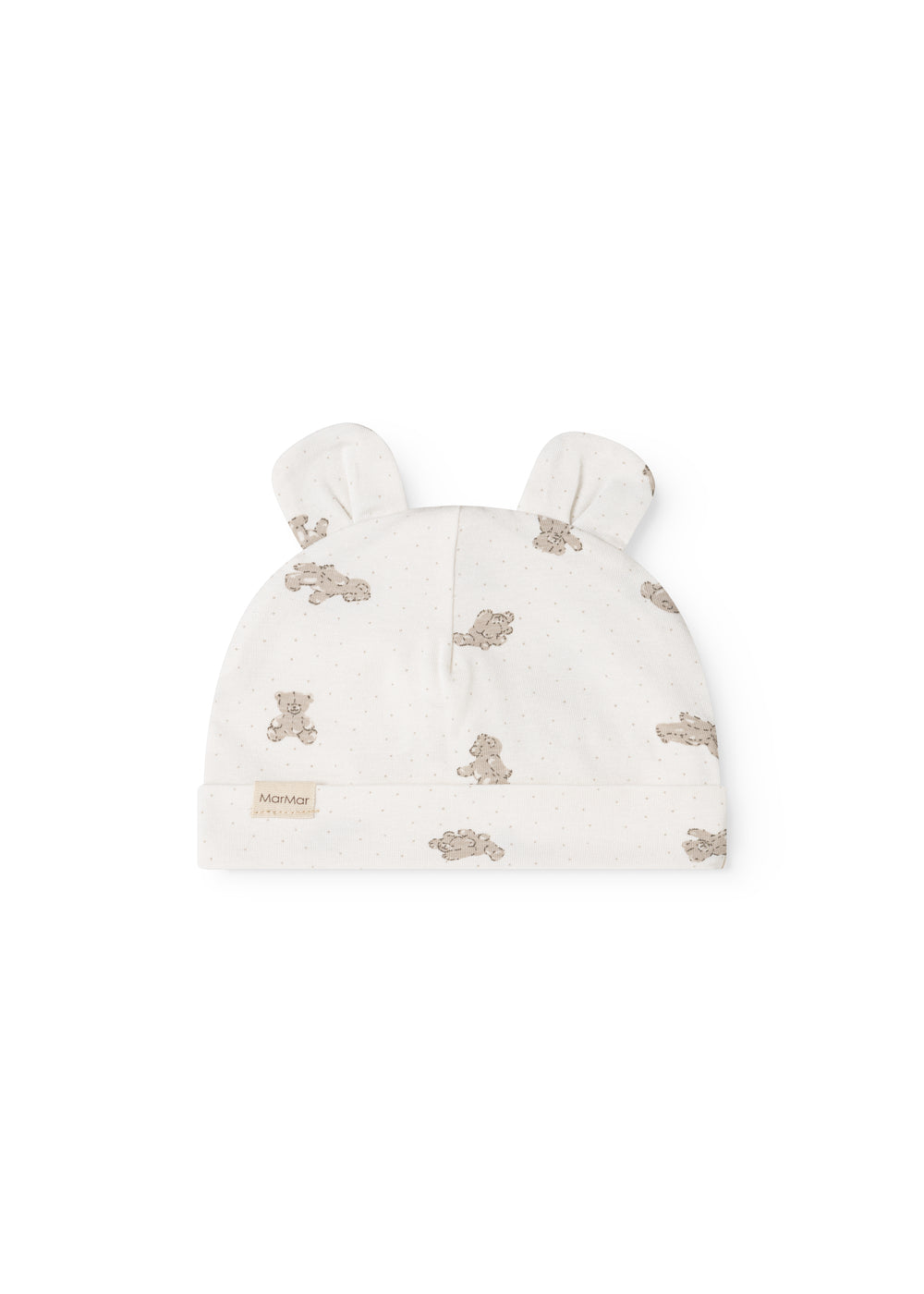 Hvid babyhue med teddybjørneprint og to øreklapper
