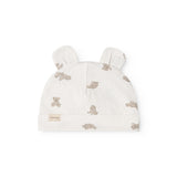Hvid babyhue med teddybjørneprint og to øreklapper