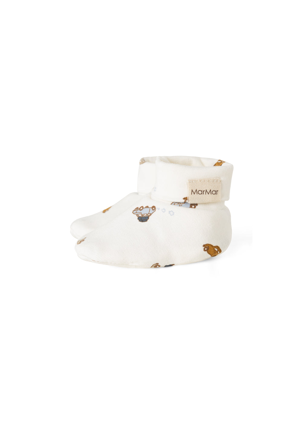 Hvide babybooties med bilprint og MarMar-mærke på siden