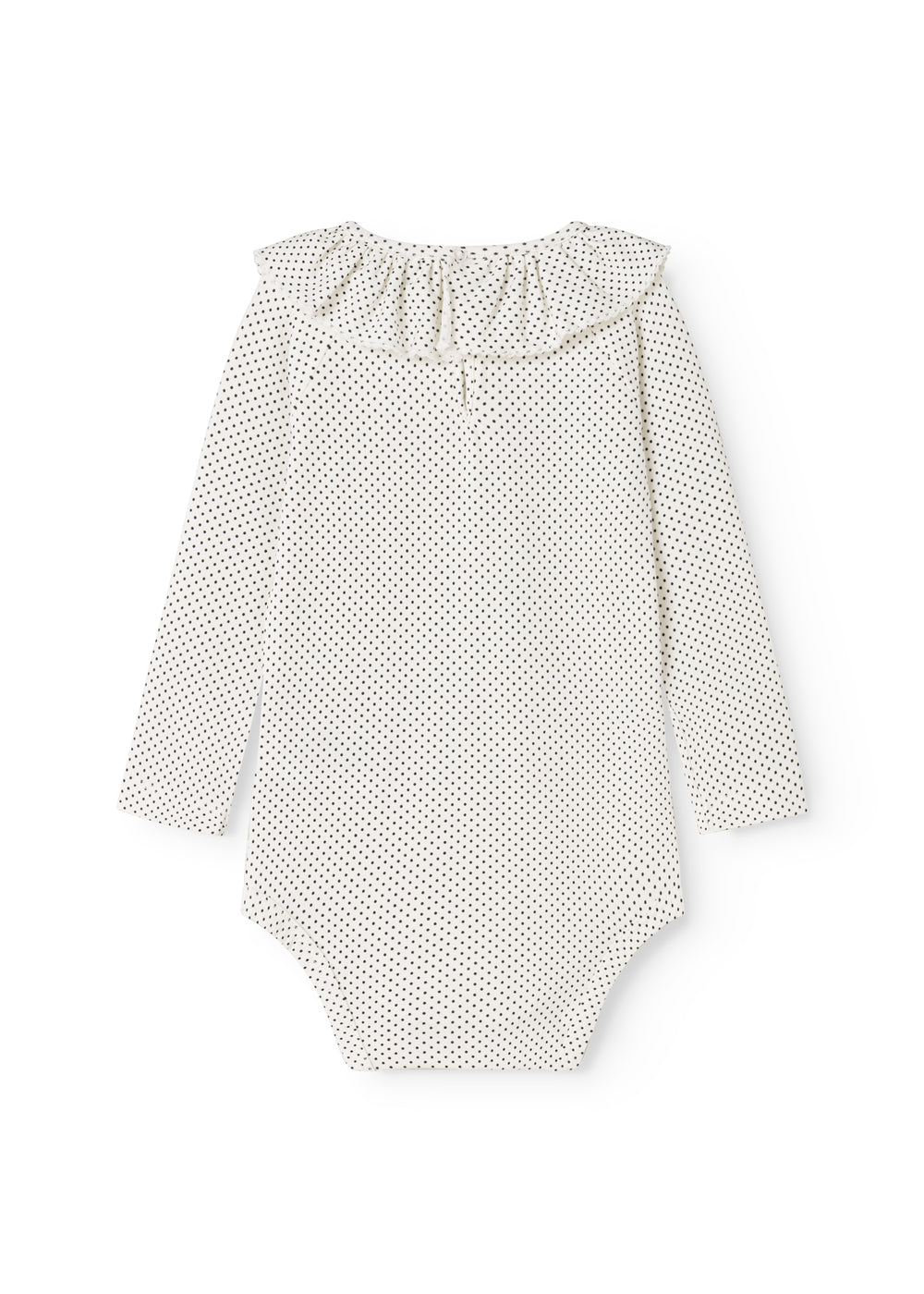 Baby-bodystocking med lange ærmer, små sorte prikker og flæsekant ved halsen