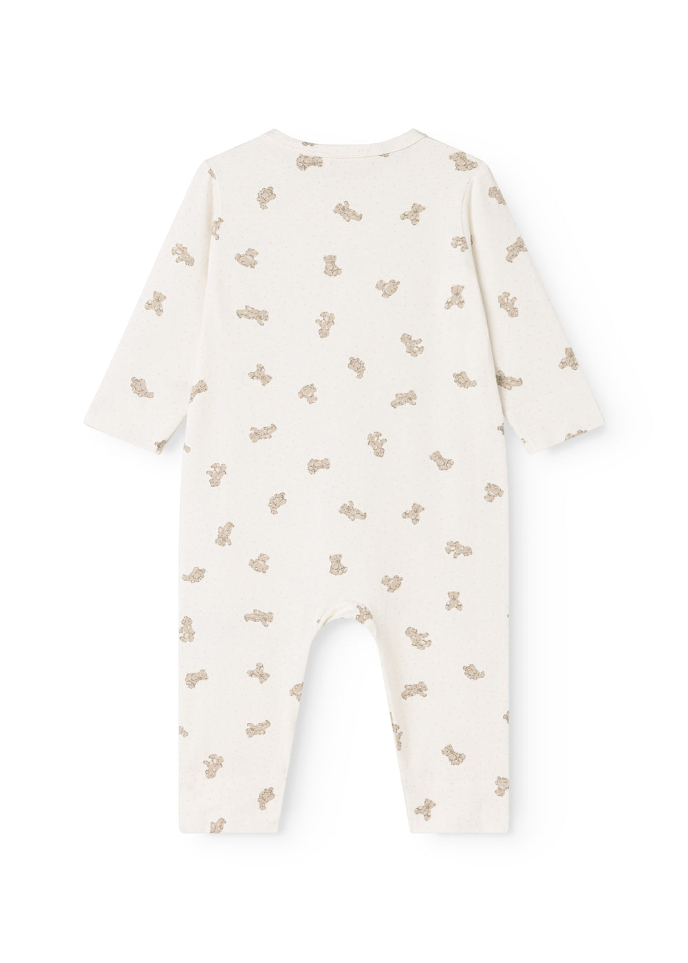 Heldragt i lys off-white med all-over teddybjørneprint, rund hals og lange ærmer