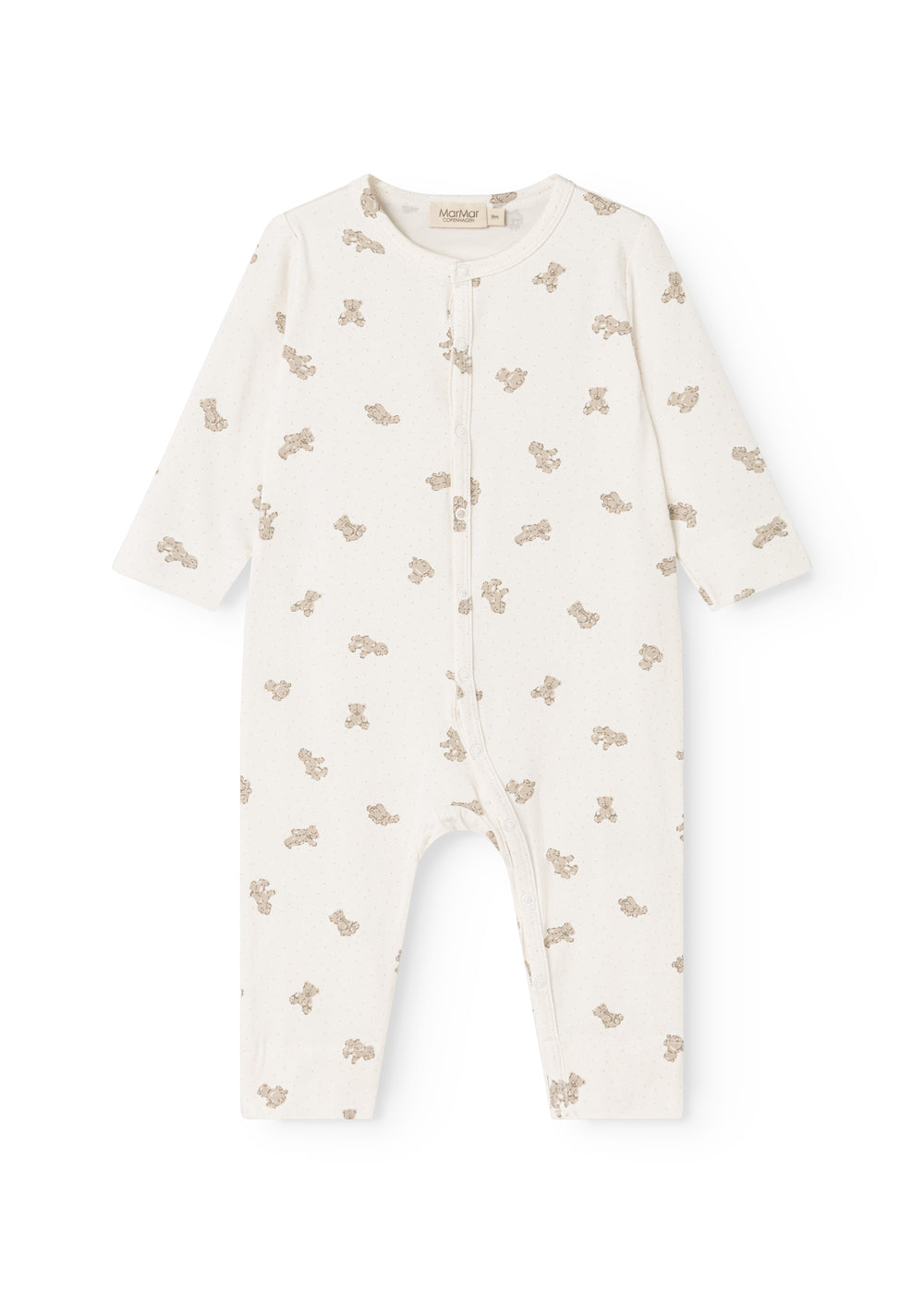 Heldragt i lys off-white med all-over teddybjørneprint og lange ærmer, knaplukning