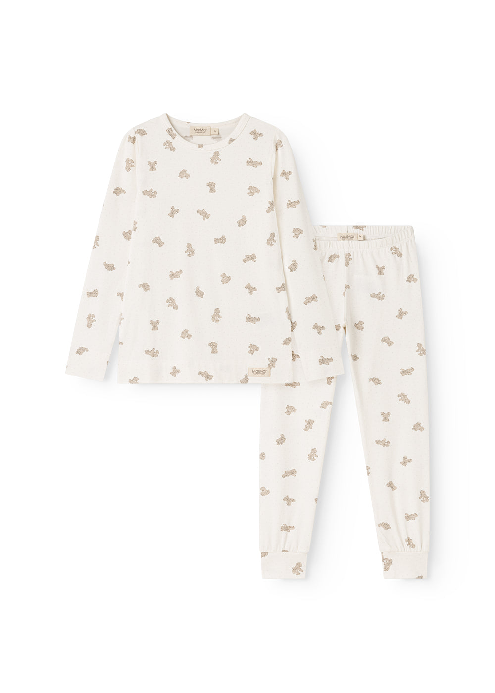 Pyjamasæt i offwhite med langærmet bluse og lange bukser, teddy-bjørneprint