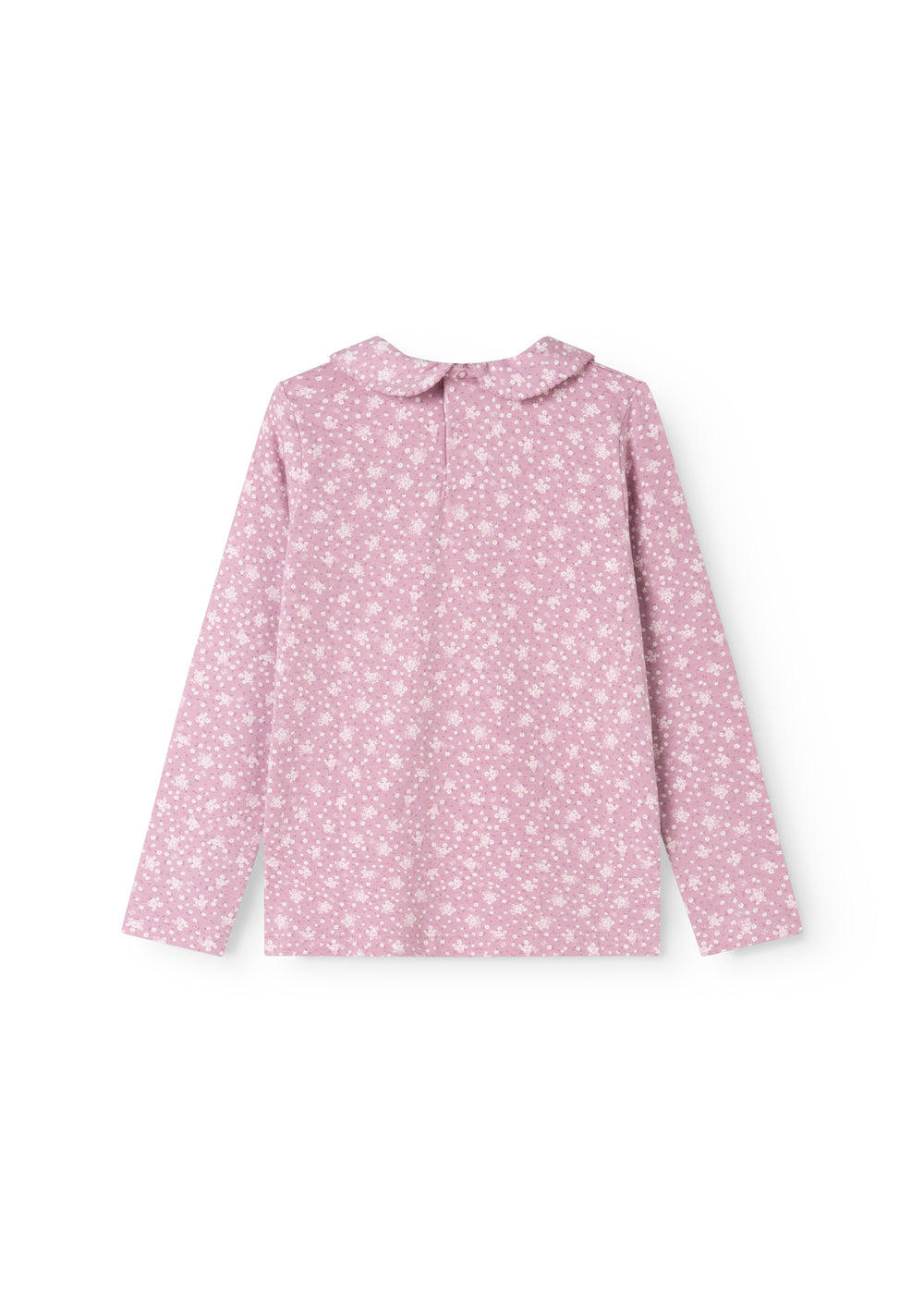 Lyserød langærmet T-shirt med små hvide blomster, krave og forstykke