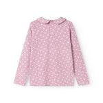 Lyserød langærmet T-shirt med små hvide blomster, krave og forstykke