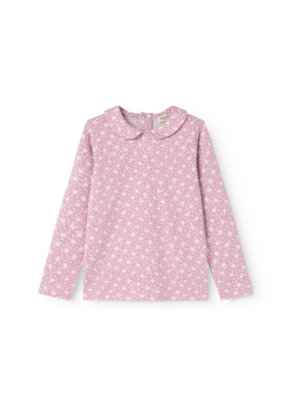 Lyserød langærmet T-shirt med små hvide blomster og rund krave