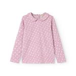 Lyserød langærmet T-shirt med små hvide blomster og rund krave