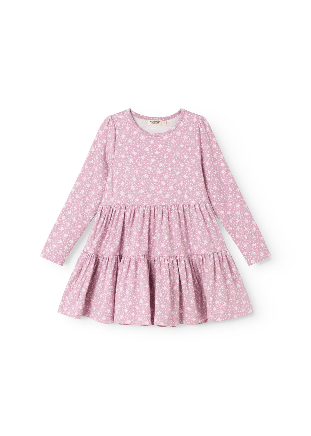 Lilla/pink kjole med små hvide blomster, lange ærmer og rynket nederdel