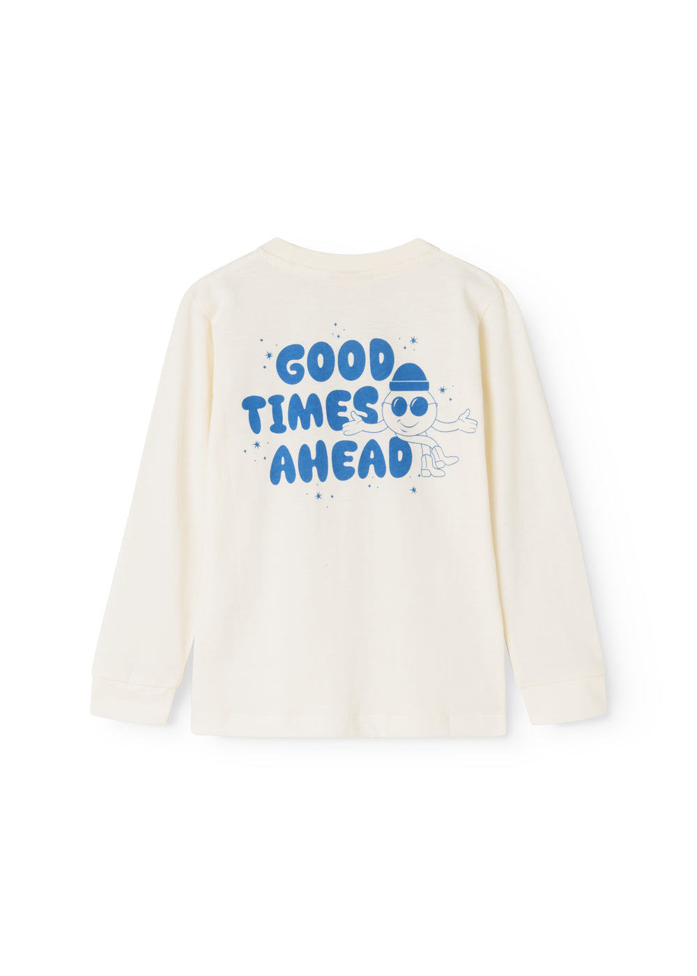Langærmet bluse i creme med stort blåt “Good Times Ahead” print på ryggen.